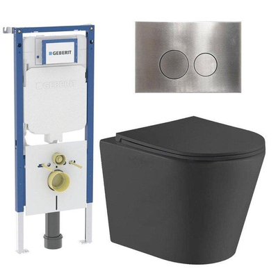 QeramiQ Dely Toiletset - 36.3x51.7cm - diepspoel - rimless - Geberit UP720 inbouwreservoir - softclose toiletzitting - steel bedieningsplaat - ronde knoppen - zwart mat