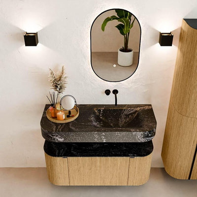 MONDIAZ THOR-DLUX 110cm badmeubel ronding links + rechts kleur Oak met 1 lade en 2 deuren. Vrijhangende wastafel CLOUD Rechts zonder kraangat kleur Lava.