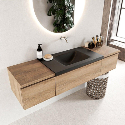 MONDIAZ BUKLA Meuble de salle de bains 160cm avec module 40 couleur Washed Oak avec 3 tiroirs. Lavabo CLOUD au milieu 0 trous de robinet couleur Urban.
