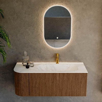 MONDIAZ KURVE-DLUX 115cm Meuble salle de bain avec module 25 G - couleur Walnut - 1 tiroir - 1 porte - vasque BIG SMALL droite - 1 trou de robinet - couleur Ostra