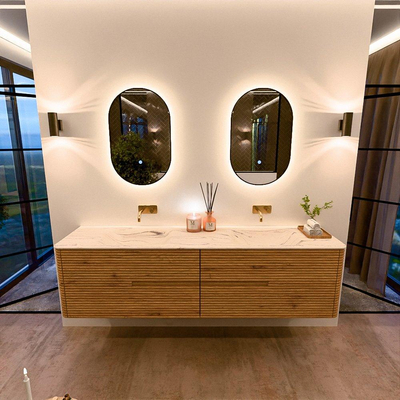 Mondiaz CIRO-DLUX Ensemble de meubles de salle de bains - 190x45x50cm - lavabo solid surface Nata - 2 vasques double - sans trous de robinetterie - 4 tiroirs - Chêne