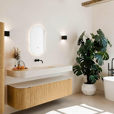 MONDIAZ THOR-DLUX 160cm meuble de salle de bains arrondi gauche + droite couleur Oak avec 1 tiroir et 2 portes. Vasque suspendue CLOUD Milieu sans trou de robinet couleur Meli.