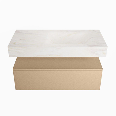 Mondiaz ALAN-DLUX Ensemble de meuble - 100cm - meuble - Oro mat - 1 tiroir - Lavabo Cloud Ostra suspendu - vasque droite - 1 trou de robinet - Beige