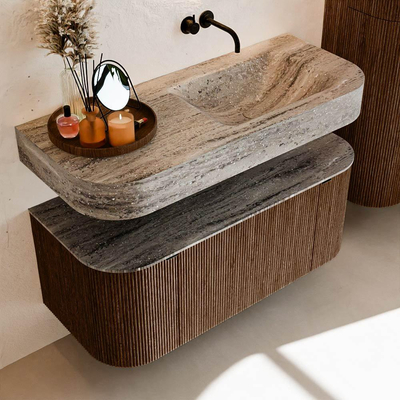 MONDIAZ THOR-DLUX 110cm badmeubel ronding links + rechts kleur Walnut met 1 lade en 2 deuren. Vrijhangende wastafel CLOUD Rechts zonder kraangat kleur Oza.