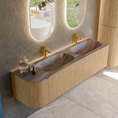 MONDIAZ KURVE-DLUX Meuble de salle de bains 165cm arrondi à gauche couleur Chêne avec 2 tiroirs et 1 porte. Lavabo STOR SMALL Double / Droite 2 trous de robinet Oza.