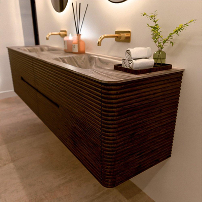 Mondiaz CIRO-DLUX Badkamermeubelset - 190x45x50cm - Solid surface wastafel Sombra - 2 wasbak Dubbel - zonder kraangaten - 4 lades - Walnut