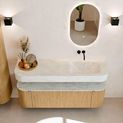 MONDIAZ THOR-DLUX 150cm badmeubel ronding links + rechts kleur Oak met 1 lade en 2 deuren. Vrijhangende wastafel CLOUD Rechts zonder kraangat kleur Opalo.