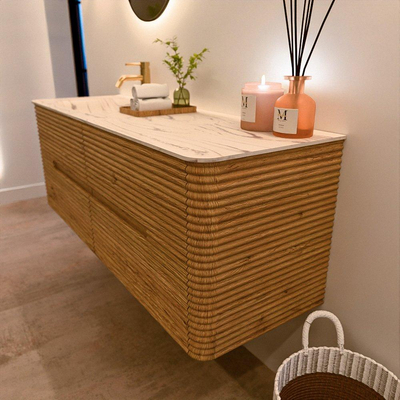 Mondiaz CIRO-DLUX Badkamermeubelset - 140x45x50cm - Solid surface wastafel Nata - 1 wasbak Links - 1 kraangat - 4 lades - Oak