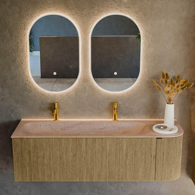 MONDIAZ KURVE-DLUX 145cm badmeubel ronding Rechts kleur Dusk met 1 lade en 1 deur. Wastafel BIG LARGE Links 2 kraangaten Saba.