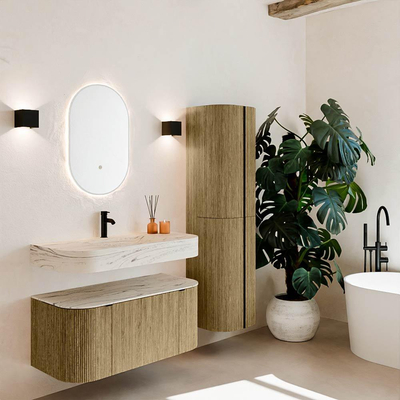 MONDIAZ THOR-DLUX 100cm meuble de salle de bains arrondi gauche + droite couleur Dusk avec 1 tiroir et 2 portes. Vasque suspendue CLOUD Milieu 1 trou de robinet couleur Nata.