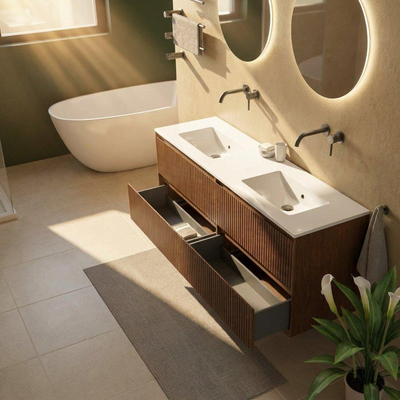 Saniclass Holz Atelier Ensemble de meubles de salle de bains - 160x45x62cm - lavabo Vygo en céramique blanc - 2 vasques - sans trous de robinet - 4 tiroirs - noyer pure mat (bois)