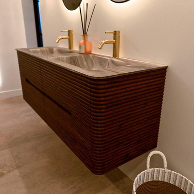 Mondiaz CIRO-DLUX Badkamermeubelset - 140x45x50cm - Solid surface wastafel Sombra - 2 wasbak Dubbel - 2 kraangaten - 4 lades - Ruby