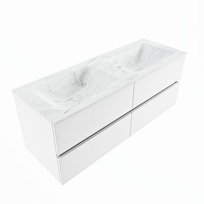MONDIAZ VICA-DLUX Ensemble meuble de salle de bains - 130cm - meuble sous-vasque talc - 4 tiroirs - lavabo encastré cloud double - sans trous de robinet - version haute 60cm - opalo