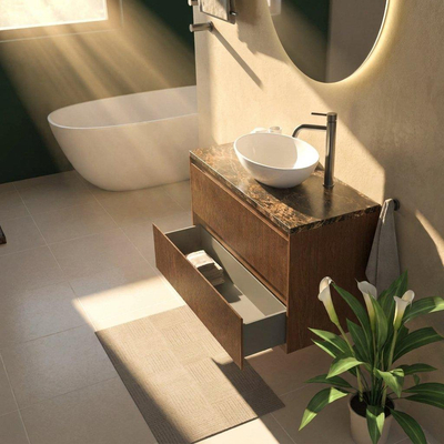Saniclass Holz Atelier Ensemble de meubles de salle de bains - 100x45x63cm - Plan de toilette en pierre naturelle Noche dark emperador - 1 trou de robinetterie - 2 tiroirs - walnut pure mat (bois)