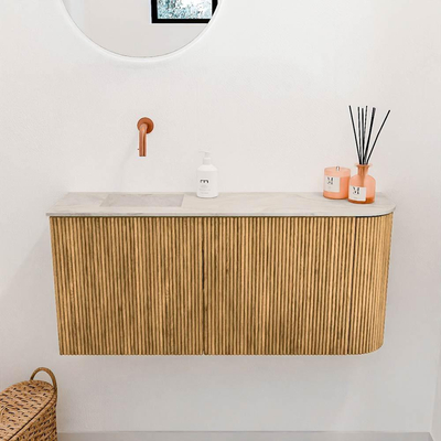 Mondiaz JOYA-DLUX 91.6cm toiletmeubel - ronding rechts kleur Oak - Wastafel FAYE positie Links Zonder kraangat kleur Ostra.