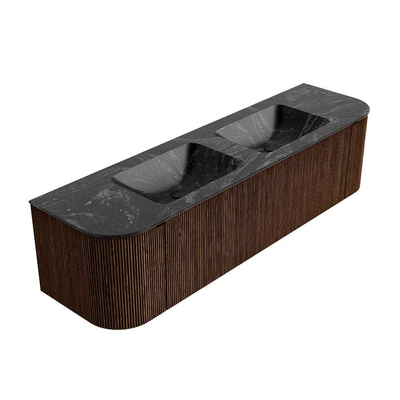 MONDIAZ KURVE-DLUX 170cm badmeubel met module 25 Len R kleur Walnut met 1 lade en 2 deuren. Wastafel LEAF dubbel 2 kraangaten kleur Lava.