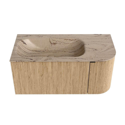 MONDIAZ KURVE-DLUX 95cm badmeubel ronding Rechts kleur Oak met 1 lade en 1 deur. Wastafel BIG SMALL Links 1 kraangat Arena.
