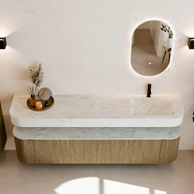 MONDIAZ THOR-DLUX 200cm meuble de salle de bains arrondi gauche + droite couleur Dusk avec 2 tiroirs et 2 portes. Vasque suspendue CLOUD Droite 1 trou de robinet couleur Opalo.