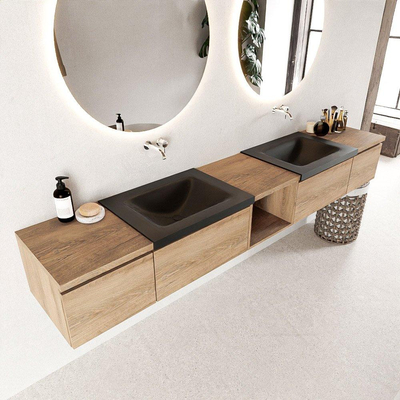 MONDIAZ BUKLA 240cm badmeubel met open module 40 midden kleur Washed Oak met 4 lades. Wastafel CLOUD dubbel 0 kraangaten kleur Urban.