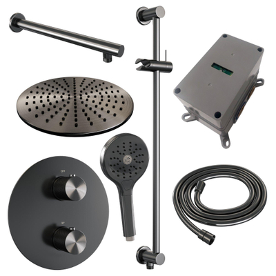 BRAUER Gunmetal Carving thermostatische Inbouw Regendouche - 3-weg - rond - set 92 - 30cm hoofddouche - rechte muurarm - 3-standen handdouche - doucheslang - geïntegreerde glijstang - gunmetal geborsteld PVD