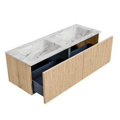 MONDIAZ KURVE-DLUX Meuble de salle de bains 130cm couleur Oak avec 2 tiroirs. Lavabo LEAF double sans trou de robinet couleur Glace.