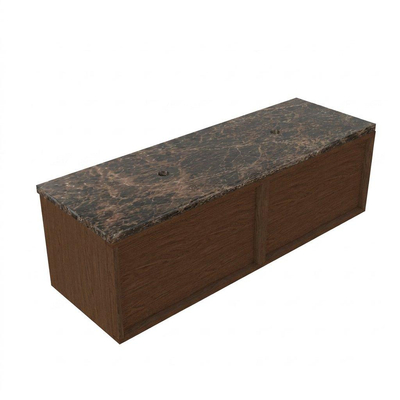 Saniclass Holz Frame Ensemble de meubles de salle de bains - 140x45x43cm - Plan de travail en pierre naturelle Noche dark emperador - sans trou de robinet - 2 tiroirs - walnut pure mat (bois)