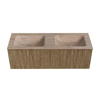MONDIAZ KURVE-DLUX Meuble de salle de bains 130 cm couleur Dusk avec 2 tiroirs et 0 porte. Lavabo LEAF Double sans trou de robinet Saba.