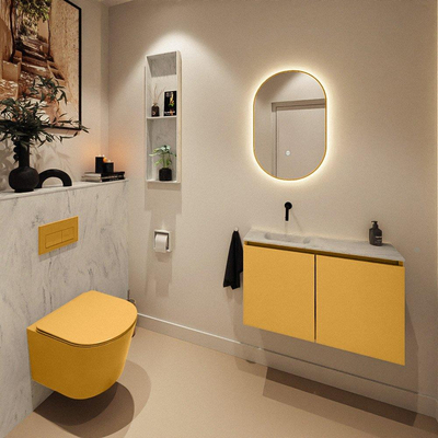 MONDIAZ TURE-DLUX Meuble toilette - 80cm - Ocher - EDEN - vasque Opalo - position gauche - sans trou de robinet