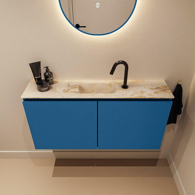 MONDIAZ TURE-DLUX Meuble toilette - 100cm - Jeans - EDEN - vasque Frappe - position centrale - 1 trou de robinet