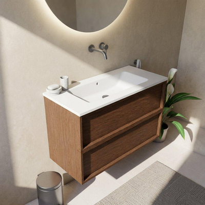 Saniclass Holz Frame Ensemble meuble de salle de bains - 100x45x77.5cm - lavabo Torino en solid surface blanc - sans trou de robinet - 2 tiroirs - noyer pure mat (bois)
