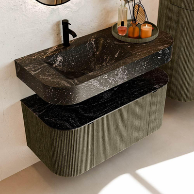 MONDIAZ THOR-DLUX 100cm meuble de salle de bains arrondi gauche + droite couleur Shadow avec 1 tiroir et 2 portes. Vasque suspendue CLOUD gauche 1 trou de robinet couleur Lava.