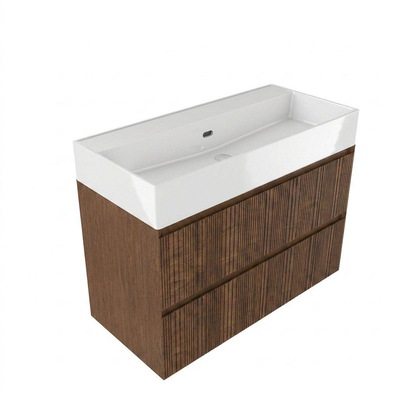 Saniclass Holz Atelier Ensemble meuble de salle de bains - 100x45x72cm - lavabo Legend en céramique blanc - 1 vasque - sans trou de robinet - 2 tiroirs - noyer pur mat (bois)