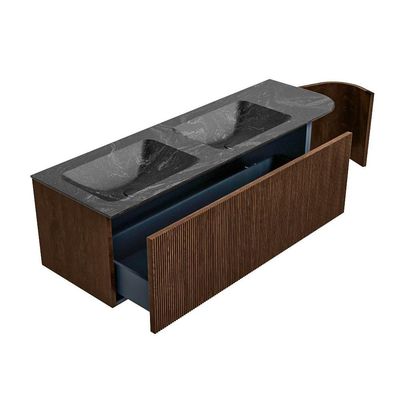 MONDIAZ KURVE-DLUX meuble de salle de bains 145 cm avec module 25 R couleur Walnut avec 1 tiroir et 1 porte. Lavabo LEAF double / gauche 2 trous de robinet couleur Lava.