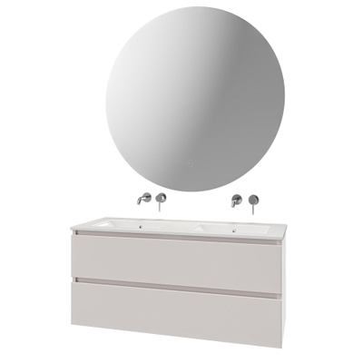 Saniclass Chaci Badkamermeubelset - 120x46x55cm - keramische wastafel wit - 2 wasbakken - zonder kraangaten - 2 lades - ronde spiegel met verlichting - mat cotton (beige)