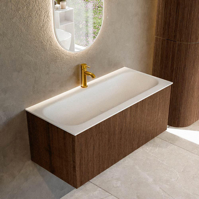MONDIAZ KURVE 100cm badmeubel kleur Walnut met 1 lade. Wastafel BIG MEDIUM midden 1 kraangat Talc.