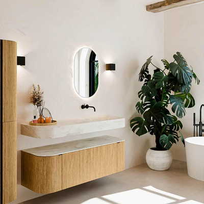 MONDIAZ THOR-DLUX 140cm meuble de salle de bains arrondi gauche + droite couleur Chêne avec 1 tiroir et 2 portes. Vasque suspendue CLOUD Droite sans trou de robinet couleur Ostra.