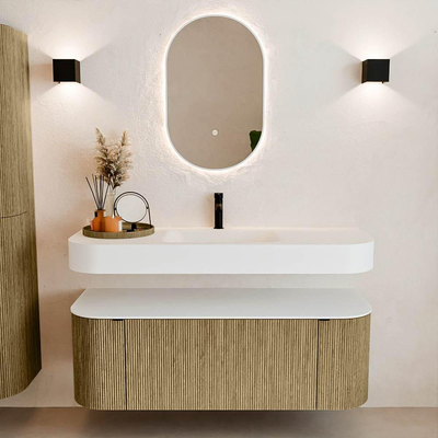 MONDIAZ THOR 130cm meuble de salle de bains arrondi gauche + droite couleur Dusk avec 1 tiroir et 2 portes. Vasque suspendue CLOUD Milieu 1 trou de robinet couleur Talc.