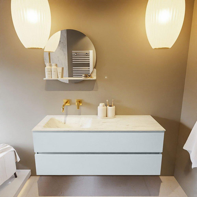 Mondiaz VICA-DLUX ensemble de meuble de salle de bain - 130cm - meuble sous-vasque argile - 2 tiroirs - lavabo encastré nuage gauche - sans trous de robinet - version haute 60cm - opalo