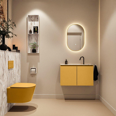 MONDIAZ TURE-DLUX Meuble toilette - 80cm - Ocher - EDEN - vasque Glace - position centrale - 1 trou de robinet