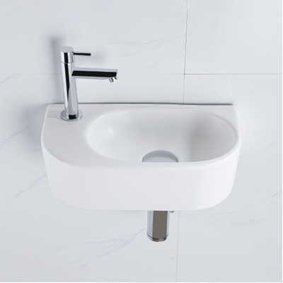 QeramiQ Fuente fonteinset – halfrond – 40x21.5x12 cm – keramiek wit mat – kraangat links – chromen kraan