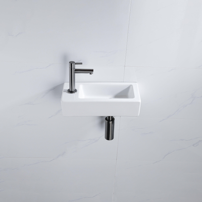 FugaFlow Efficiente Pietra Fonteinset - 37.5x18.5x9cm - keramiek - kraangat links - fonteinkraan gunmetal - afvoerplug - verlaagd sifon - Glans wit