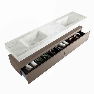 Mondiaz ALAN-DLUX Ensemble de meuble - 200cm - meuble Smoke mat - 2 tiroirs - Lavabo Cloud Opalo suspendu - vasque Gauche et droite - 2 trous de robinet