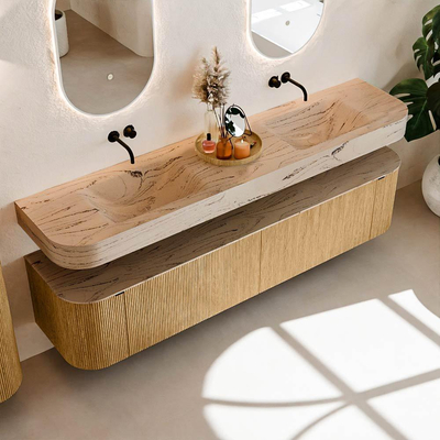 MONDIAZ THOR-DLUX 200cm meuble de salle de bains arrondi gauche + droite couleur Chêne avec 2 tiroirs et 2 portes. Vasque suspendue CLOUD Double sans trou de robinet couleur Arena.