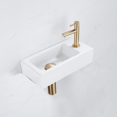 QeramiQ Lave-mains Kit lave-mains - 37.5x18.5x9cm - céramique - trou de robinet à droite - robinet lave-mains en laiton brossé - bonde de vidage - siphon abaissé - Mat blanc