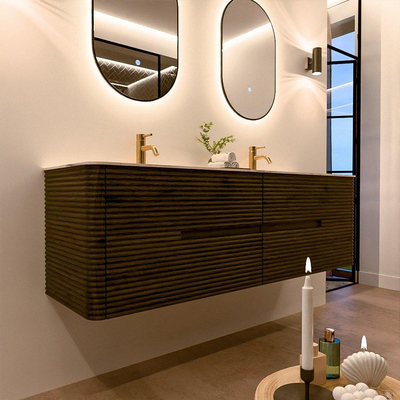 Mondiaz CIRO-DLUX Badkamermeubelset - 160x45x50cm - Solid surface wastafel Nata - 2 wasbak Dubbel - 2 kraangaten - 4 lades - Shadow