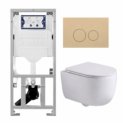 QeramiQ Dely Swirl Ensemble WC - 36.3x51.7cm - réservoir encastré Geberit UP320 - avec cadre Burda - abattant slim - plaque de déclenchement beige - boutons ronds - blanc mat
