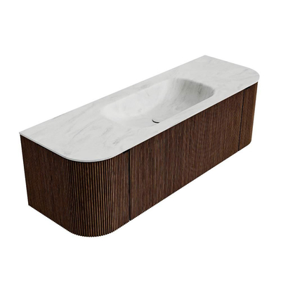MONDIAZ KURVE-DLUX 140cm badmeubel met module 25 Len R kleur Walnut met 1 lade en 2 deuren. Wastafel BIG SMALL midden zonder kraangat kleur Opalo.