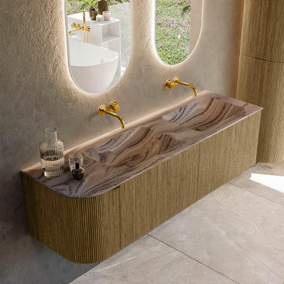 MONDIAZ KURVE-DLUX Meuble de salle de bains 155cm arrondi à gauche couleur Dusk avec 2 tiroirs et 1 porte. Lavabo LEAF Double / Droite sans trou de robinet Sombra.