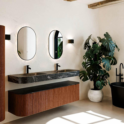 MONDIAZ THOR-DLUX 170cm meuble de salle de bains arrondi gauche + droite couleur Ruby avec 1 tiroir et 2 portes. Vasque suspendue CLOUD Double 2 trous de robinet couleur Lava.