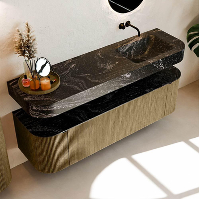 MONDIAZ THOR-DLUX 160cm meuble de salle de bains arrondi gauche + droite couleur Dusk avec 1 tiroir et 2 portes. Vasque suspendue CLOUD droite sans trou de robinet couleur Lava.